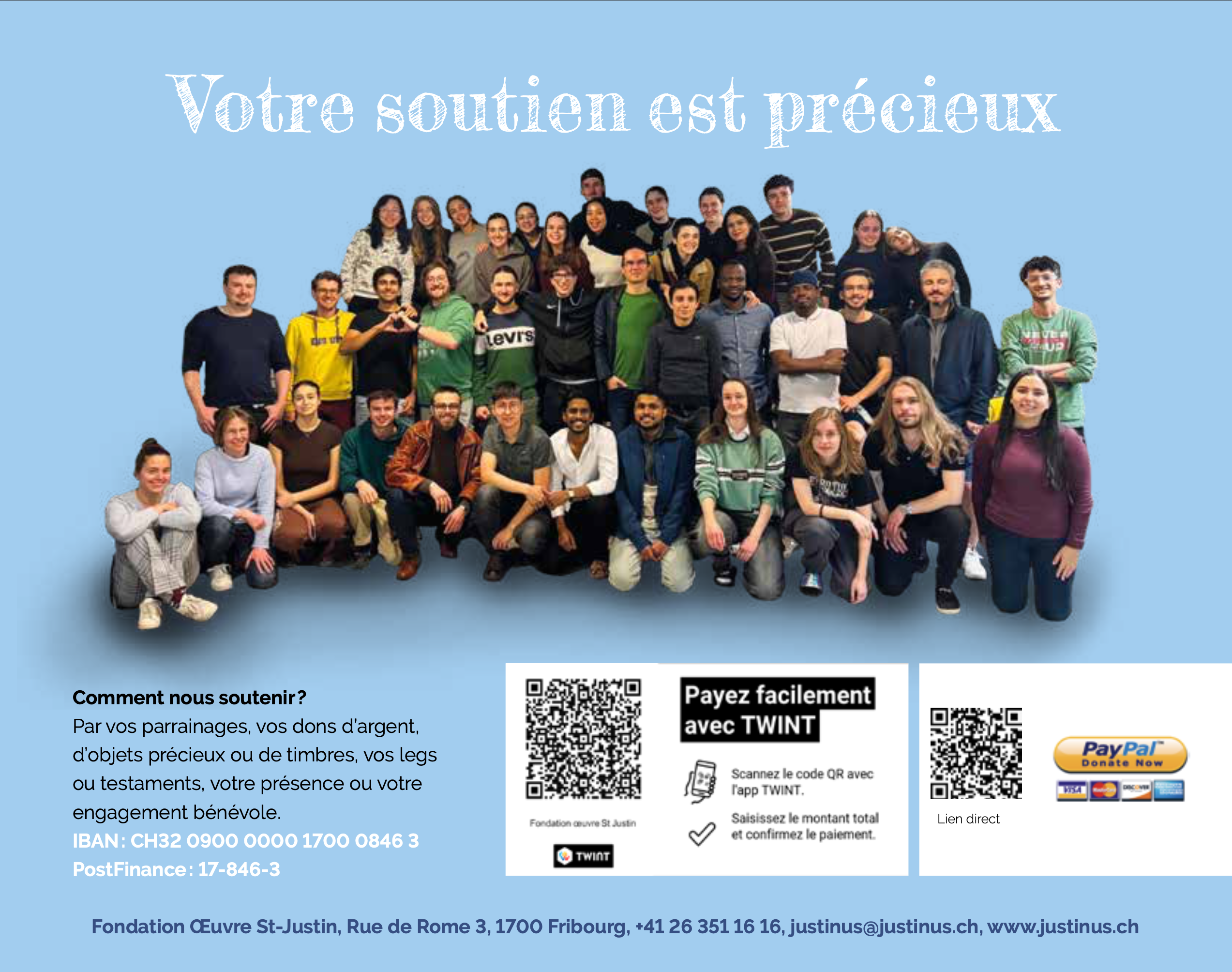 Étudiants de la Fondation Œuvre St-Justin et informations pour soutenir la Fondation par don, parrainage, TWINT ou PayPal.