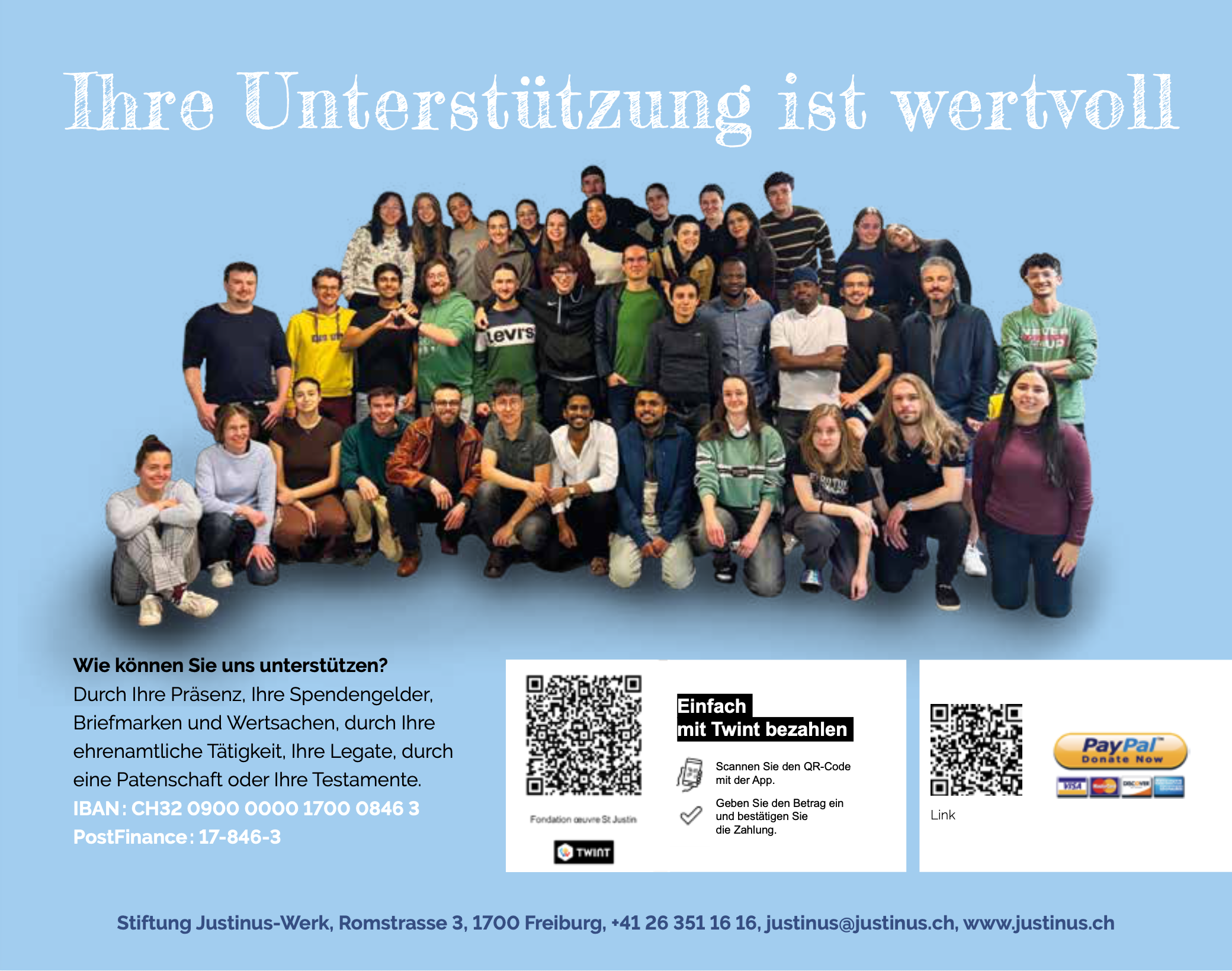 Étudiants de la Fondation Œuvre St-Justin et informations pour soutenir la Fondation par don, parrainage, TWINT ou PayPal.